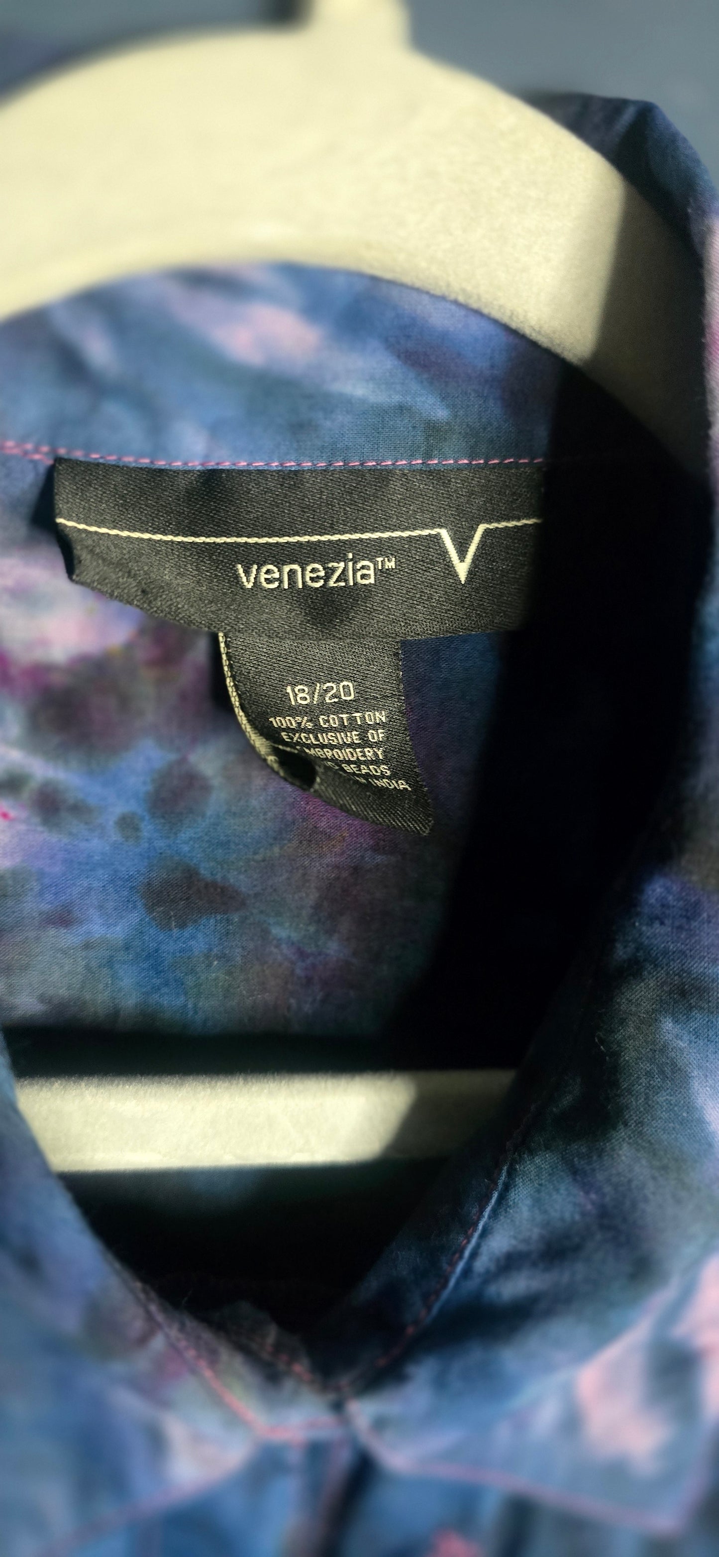 Venezia Button-Up Blouse 2X – Hand Dyed Ice Dye – Plus Size Embroidered Top