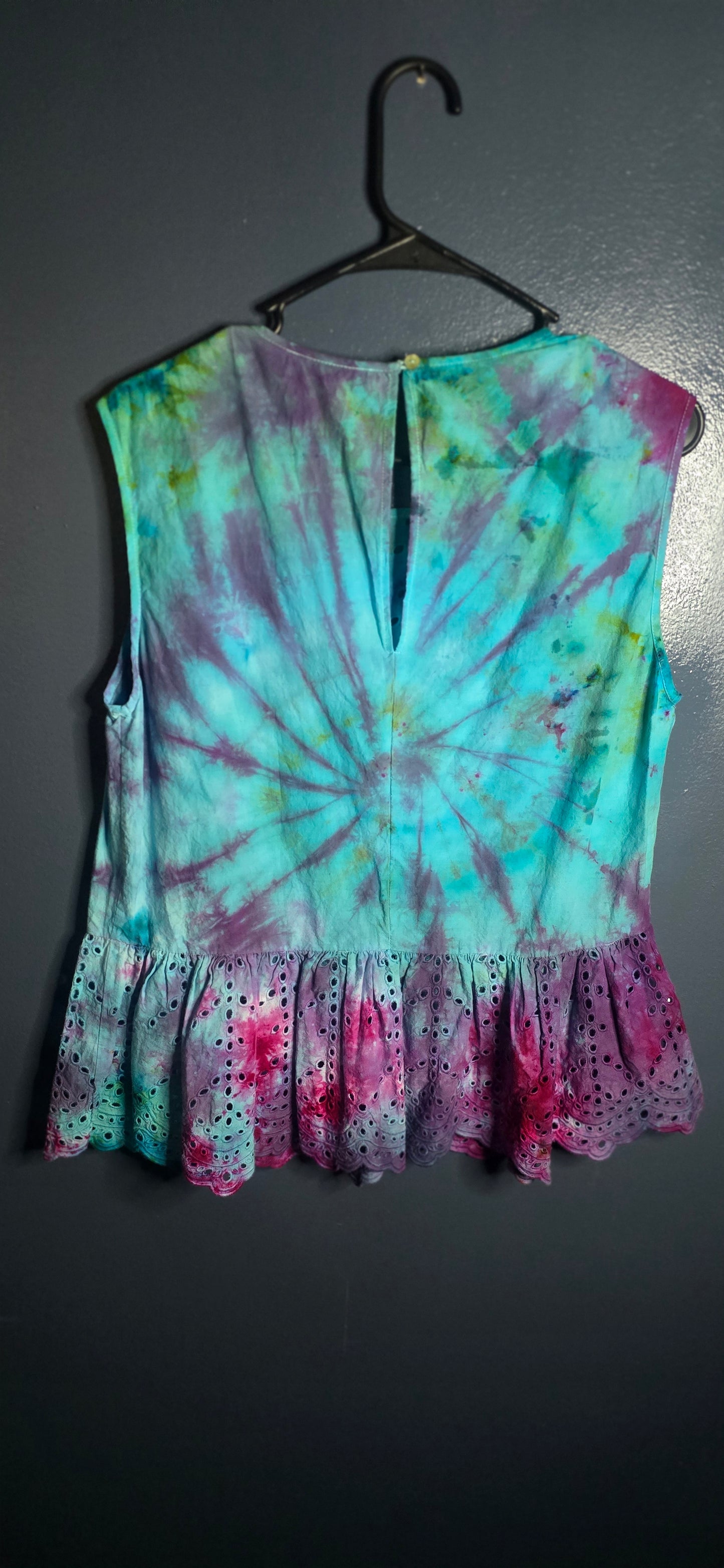 Hand Dyed Eyelet Lace Peplum Top – Size Large