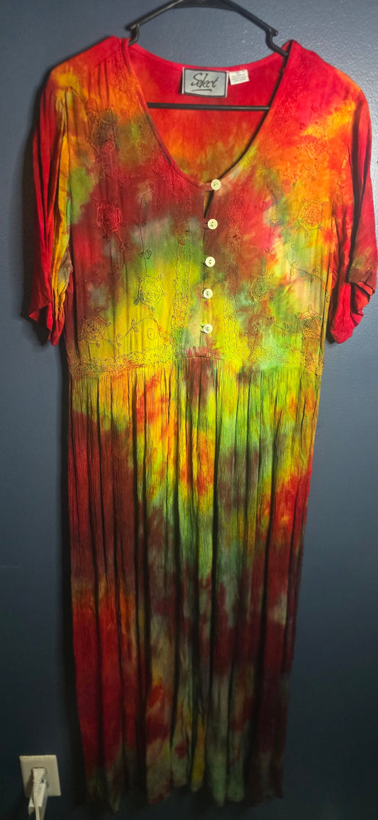 Vintage Select Tie Dye Maxi Dress XL Women’s Button Front Rayon Multicolor