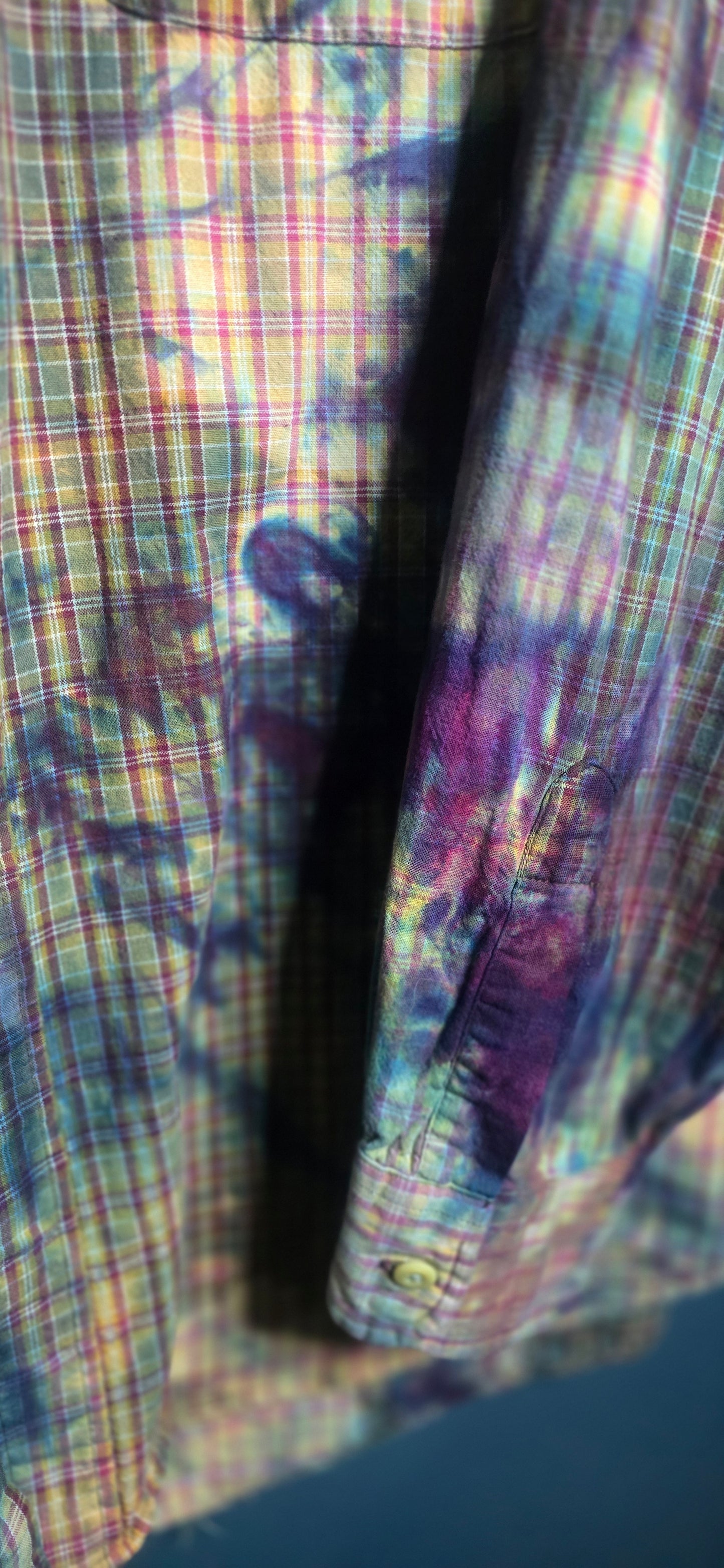 Falls Creek Button Up Shirt Tie Dye Plaid Long Sleeve Men’s XL Vintage Look