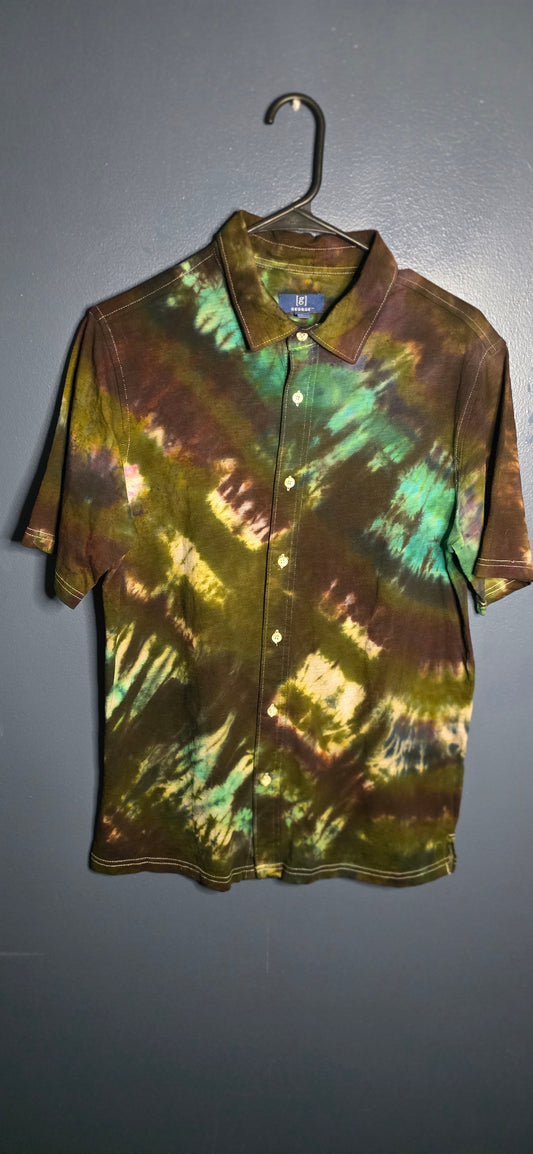 🌀 Hand-Dyed Forest Storm Button-Up (Size Small)