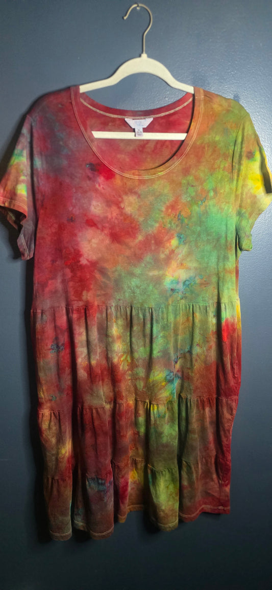 Time and Tru Tie Dye Babydoll Dress XL 16–18 Short Sleeve Green Red Multicolor
