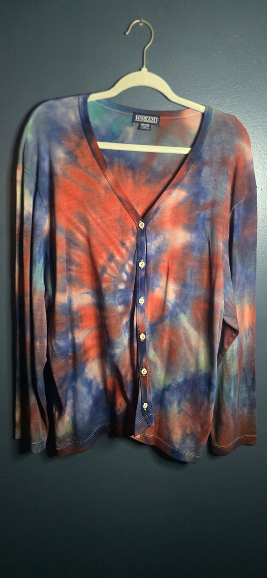 Lands’ End Tie Dye Button Front Cardigan Top Women’s 16W–18W Long Sleeve Multicolor