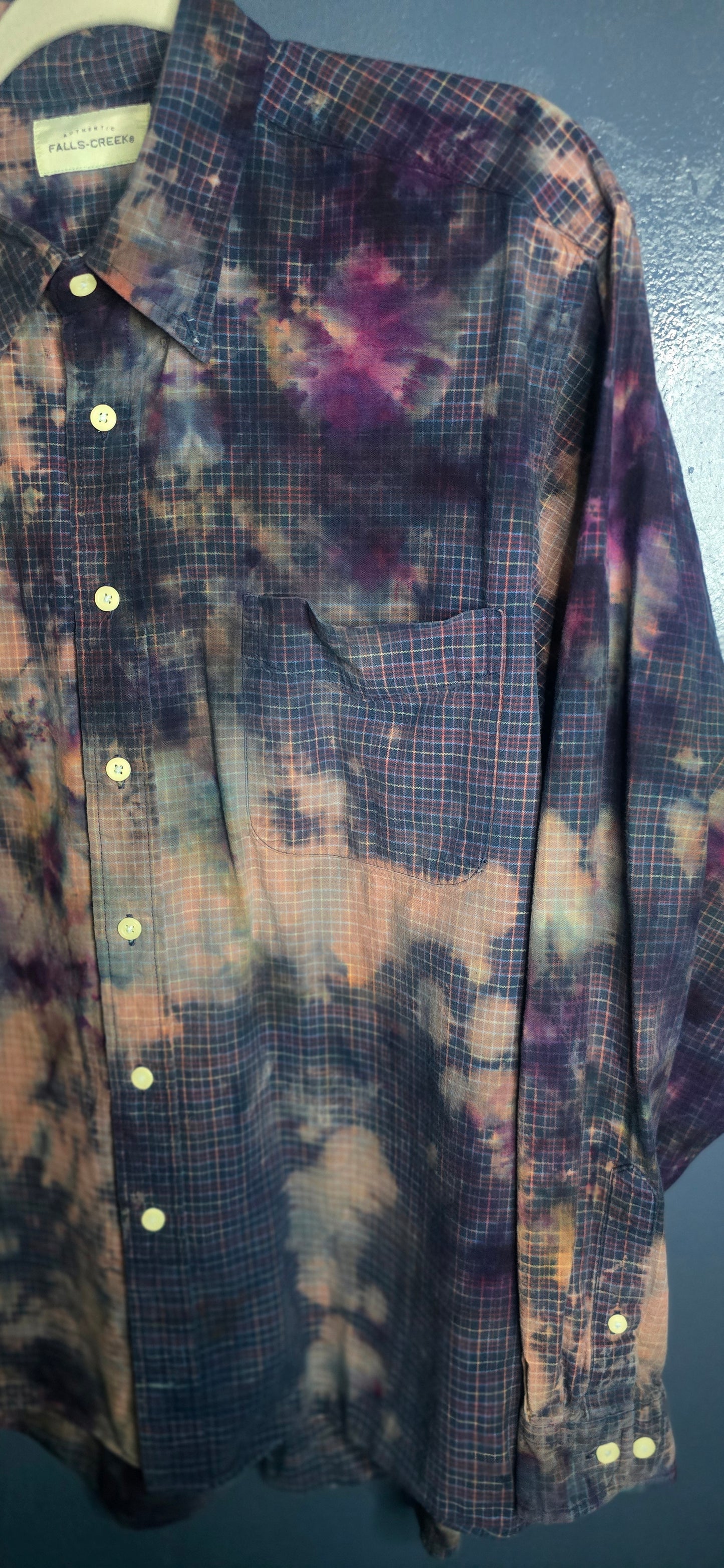 Falls Creek Button Up Shirt Tie Dye Plaid Long Sleeve Men’s XL Vintage Look