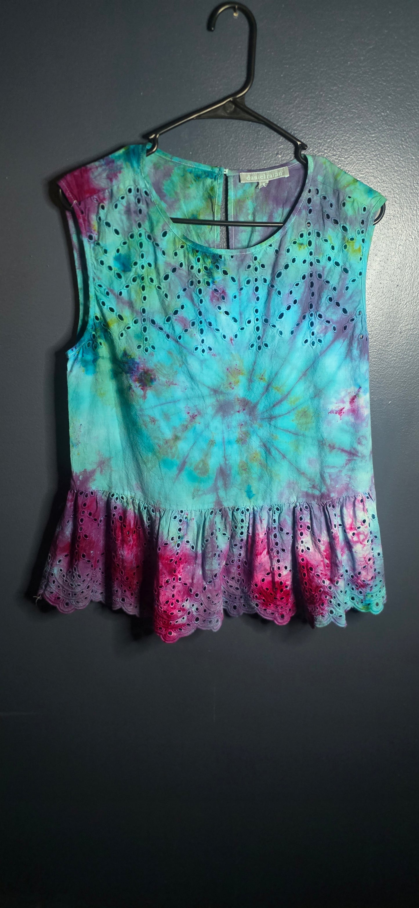 Hand Dyed Eyelet Lace Peplum Top – Size Large