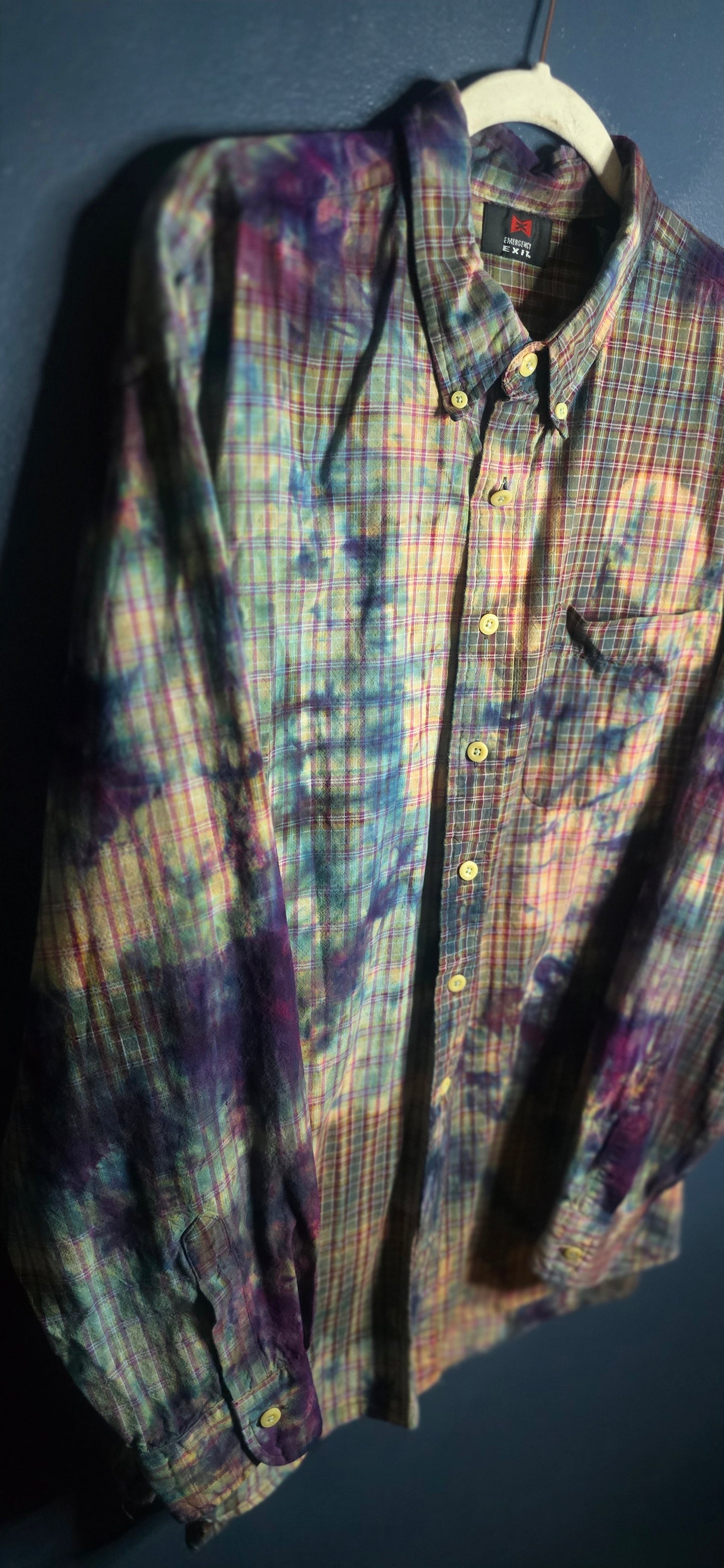 Falls Creek Button Up Shirt Tie Dye Plaid Long Sleeve Men’s XL Vintage Look