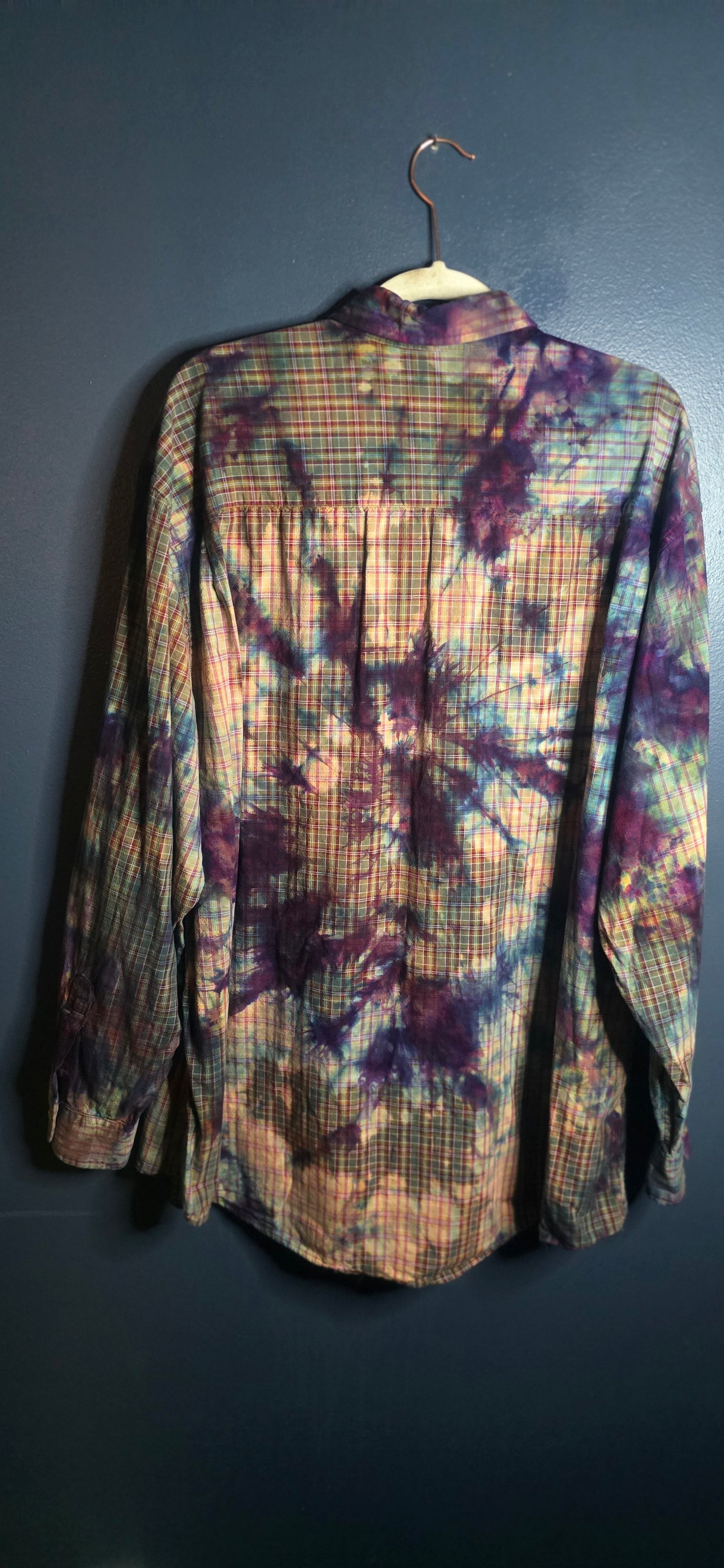 Falls Creek Button Up Shirt Tie Dye Plaid Long Sleeve Men’s XL Vintage Look