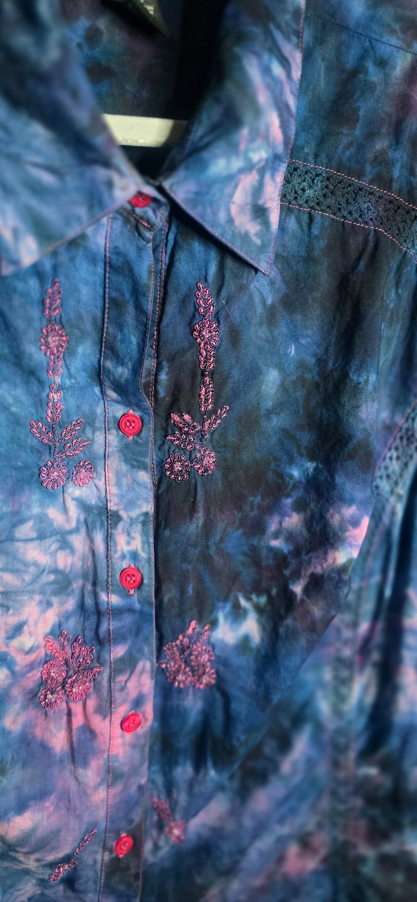 Venezia Button-Up Blouse 2X – Hand Dyed Ice Dye – Plus Size Embroidered Top