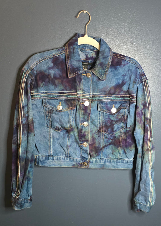 🌈 Upcycled Tie-Dye Cropped Denim Jacket – Size Small