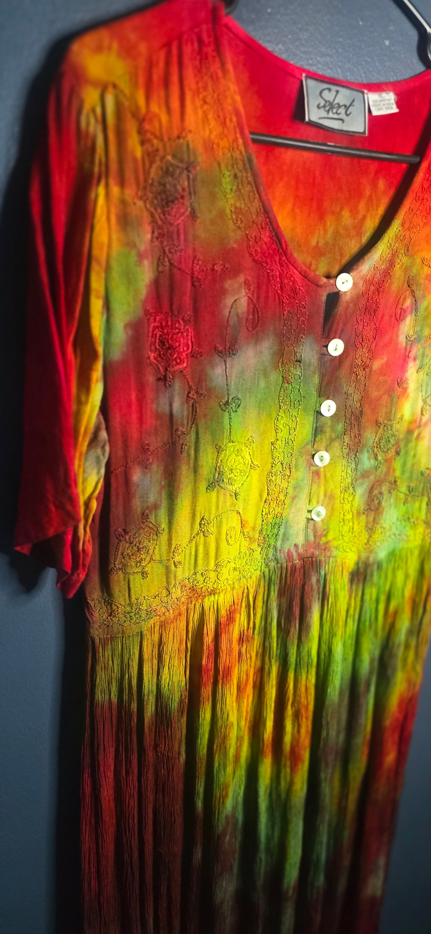 Vintage Select Tie Dye Maxi Dress XL Women’s Button Front Rayon Multicolor