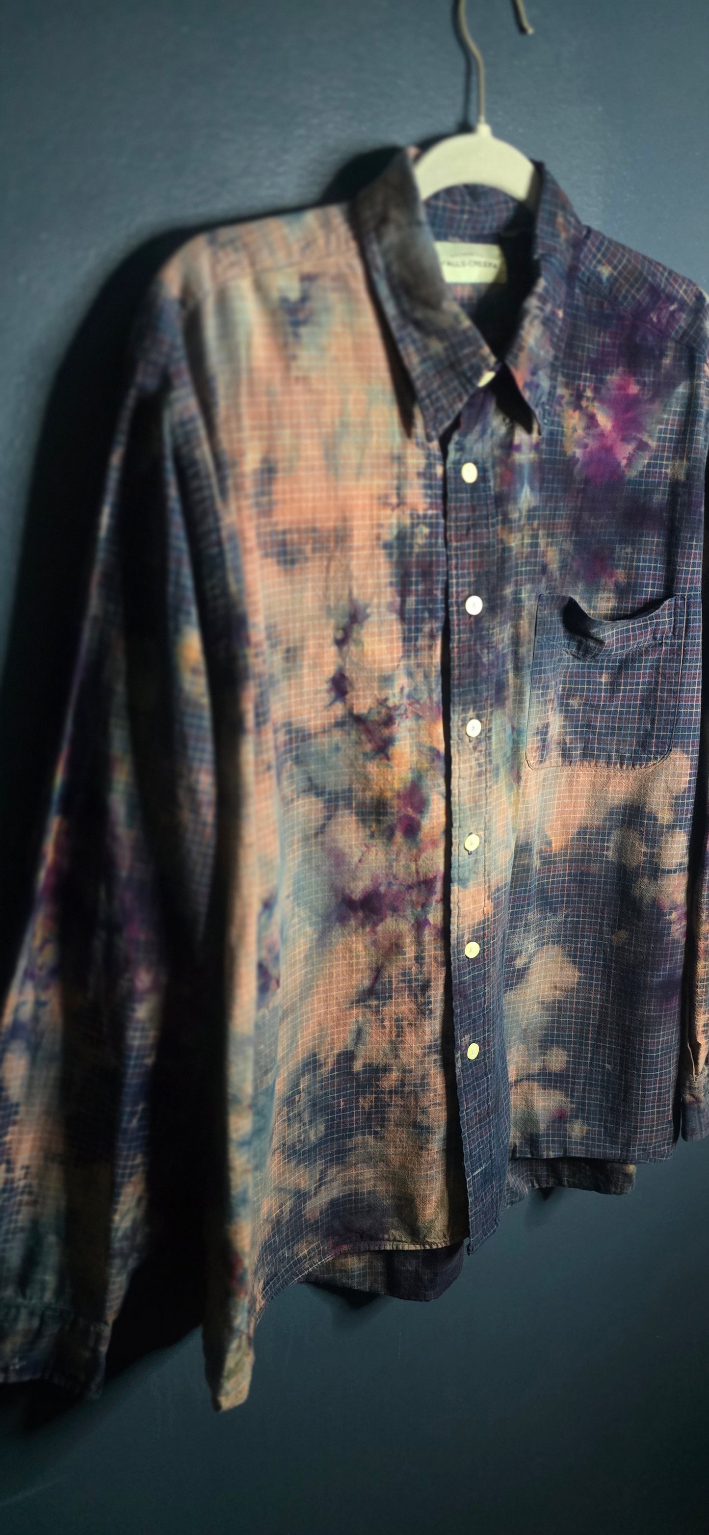 Falls Creek Button Up Shirt Tie Dye Plaid Long Sleeve Men’s XL Vintage Look