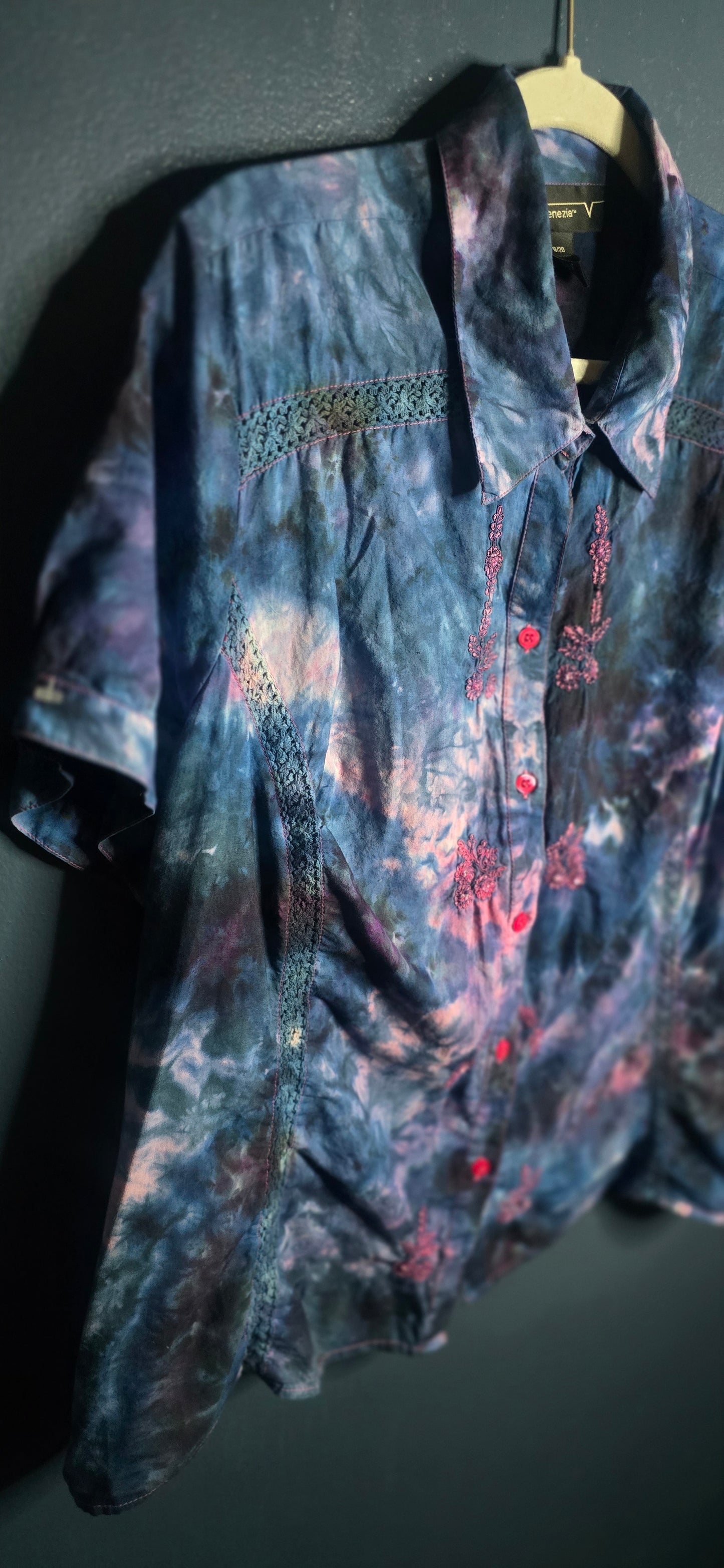 Venezia Button-Up Blouse 2X – Hand Dyed Ice Dye – Plus Size Embroidered Top