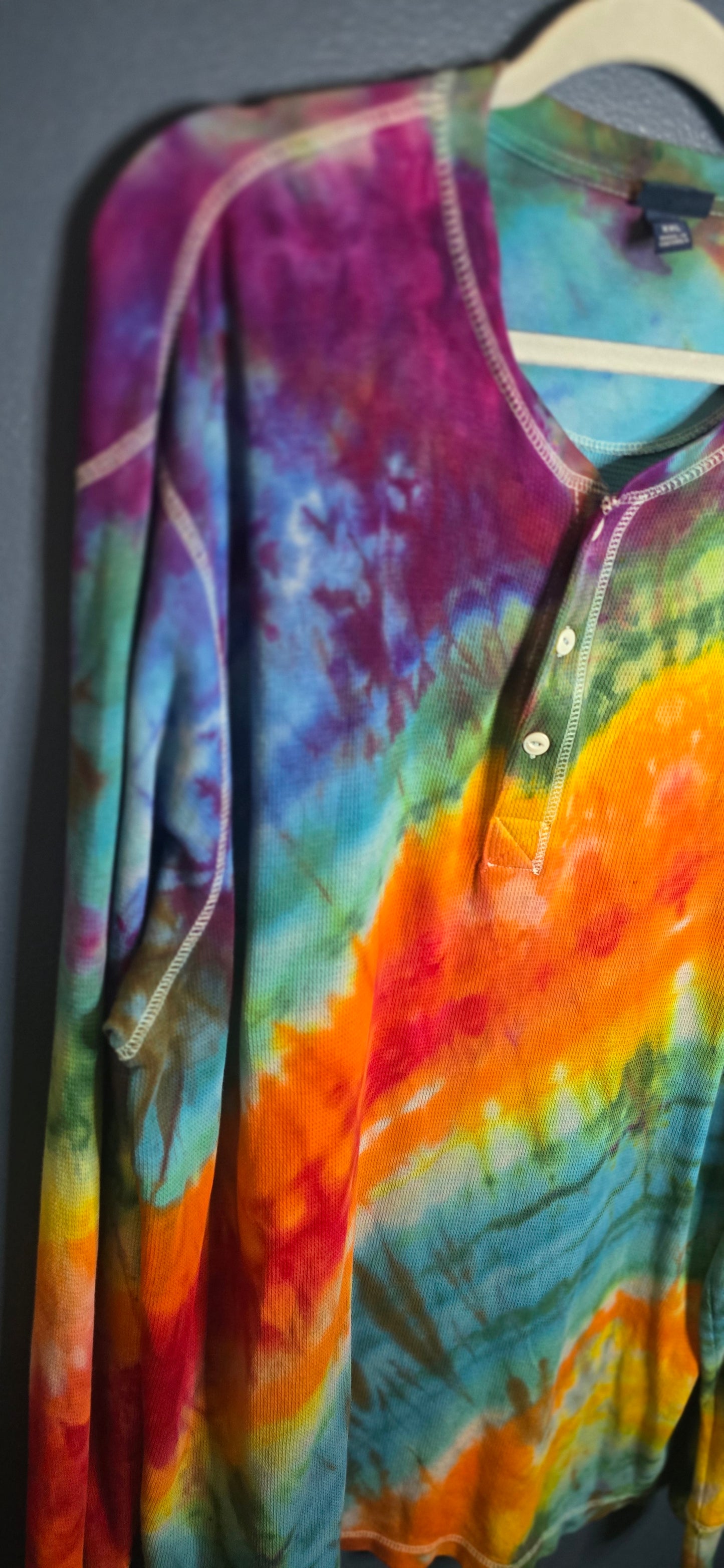 🌈 Upcycled Tie-Dye Thermal Henley – Size XXL