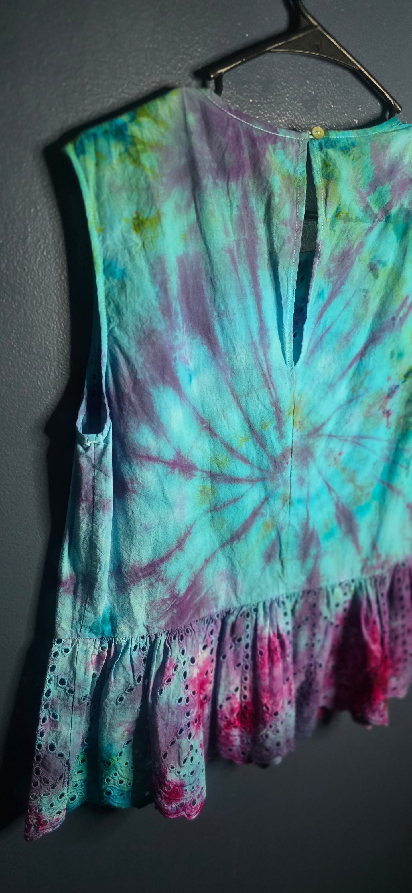 Hand Dyed Eyelet Lace Peplum Top – Size Large