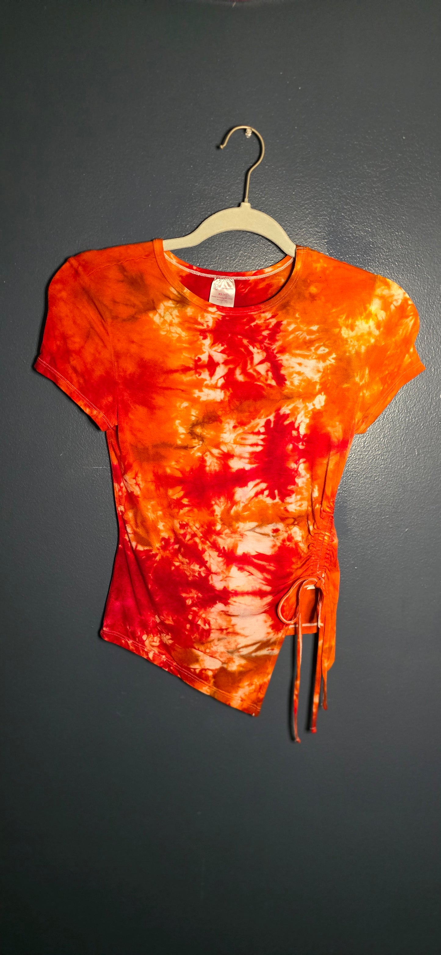 🌀 Hand-Dyed Flame Burst Cinched Tee (Size XS)
