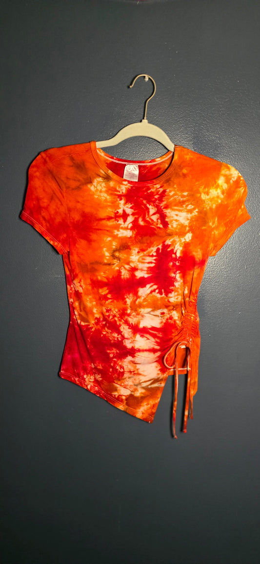 🌀 Hand-Dyed Flame Burst Cinched Tee (Size XS)