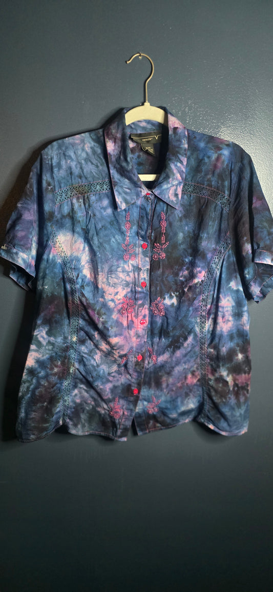 Venezia Button-Up Blouse 2X – Hand Dyed Ice Dye – Plus Size Embroidered Top