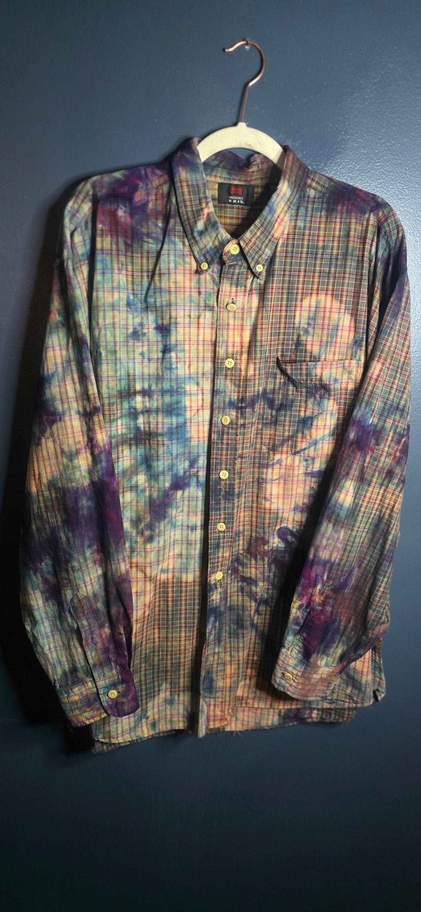 Falls Creek Button Up Shirt Tie Dye Plaid Long Sleeve Men’s XL Vintage Look