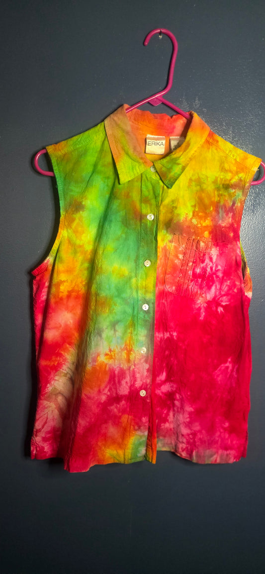🌈 Hand-Dyed Erika Sleeveless Button-Up – Size Large