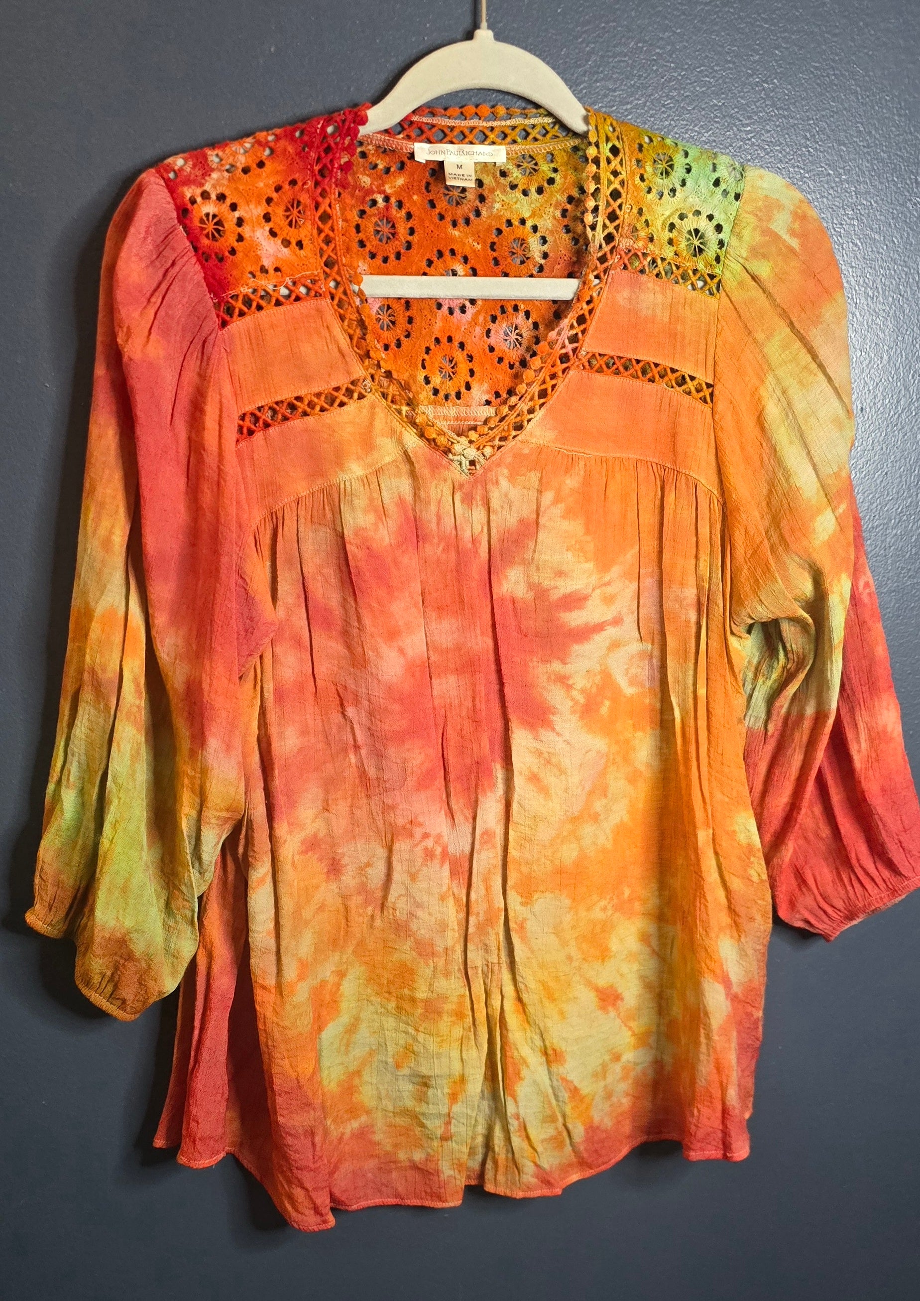 🔥 Sunburst Boho Lace Blouse – John Paul Richard Medium – $45